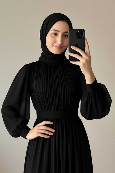 CYM Butik Pleated Black Chiffon Hijab Dress