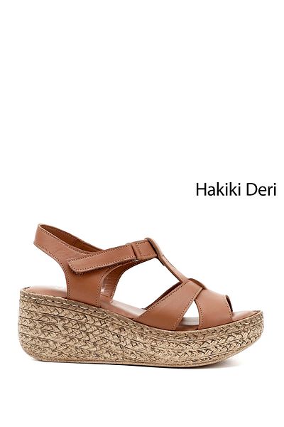 GÖNDERİ(R) Women / Girls Tan Antique Velcro Strap Wedge Sole Genuine Leather Sandals