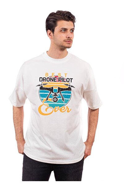 Dronmarket Ekru-Oversize Unisex Tişört-Drone Pilot Baskılı
