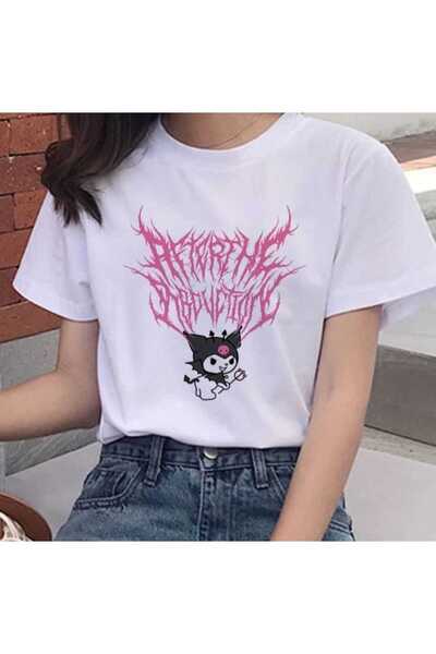Harajuku Style شخصية كورومي اليابانية البيضاء المطبوعة ذات مقاس كبير ومريح