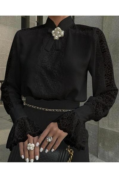 modamtn    Women's Long Sleeve Judge Collar Imported Lace Detail Shirt