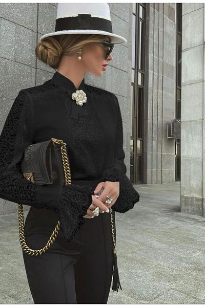 modamtn    Women's Long Sleeve Judge Collar Imported Lace Detail Shirt