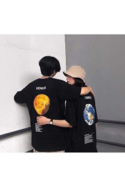 Harajuku Style Pulover negru supradimensionat cu imprimeu Pământul Negru și V...