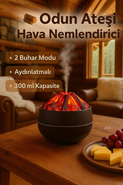 Store Koyu Ahşap Görünümlü Odun Ateşi Tasarımlı Difüzör – LED Işıklı, 2 Buhar...