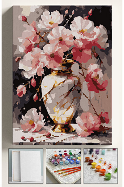 Corvo Sayılarla Boyama Seti Numaralı Tuval Fırça Boya Dahil Kasnaklı Set 40x50 Cm - PEMBE VAZO ÇİÇEK