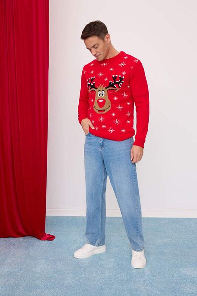 DeFacto Red Standard Fit Christmas Themed Crew Neck Sweater D5795Ax24Wn
