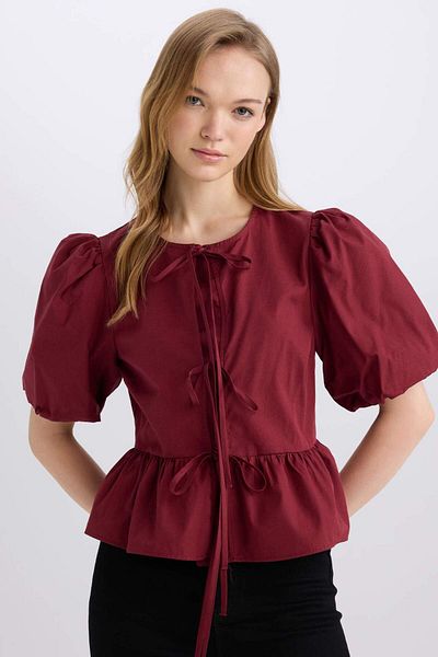 DeFacto Bluză cu mânecă scurtă din poplin cu gât rotund E2669AX24AU