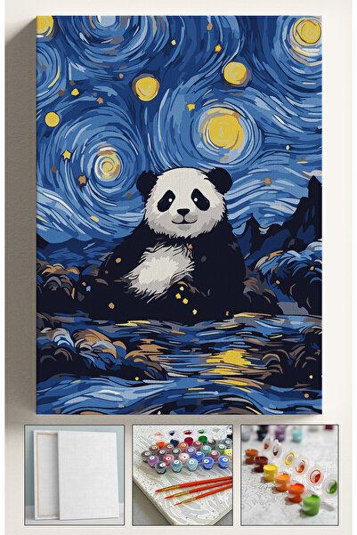 Corvo Sayılarla Boyama Seti Numaralı Tuval Fırça Boya Dahil Kasnaklı Set 40x50 Cm - YILDIZLI GECE PANDA