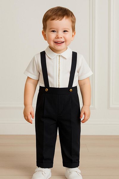 Hobidik Baby Boy Stylish Suit – Black Suspender Pants & White Shirt