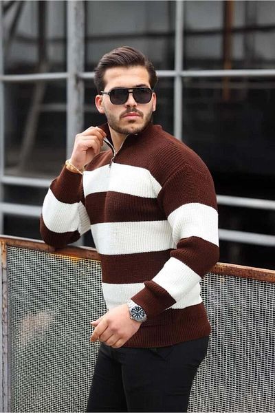 Valiberta Oversize Striped Thessaloniki Knitted Half Zipper Knitwear Men's Sweater - Brown
