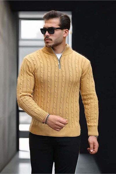 Valiberta Hair Braided Half Zipper Men's Knitwear Sweater - Earth