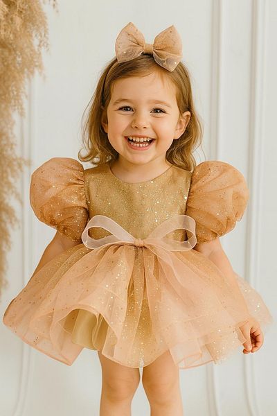 Hobidik Rochie Tutu pentru Fete cu Detaliu Fundita Sclipici Aur Rose
