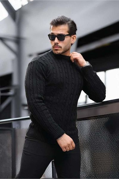 Valiberta Hair Braided Crew Neck Men's Knitwear Sweater - Black