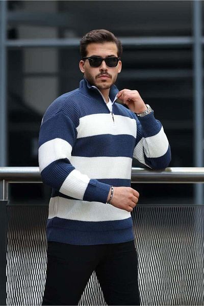 Valiberta Oversize Striped Thessaloniki Knitted Half Zipper Sweater Men's Sweater - Indigo