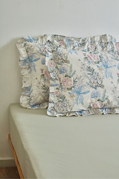 Ricco Lifes 100% Cotton Bluebell Garden Ruffle Pillowcase Fitted Sheet