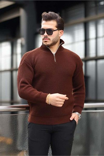 Valiberta Oversize Thessaloniki Knit Half Zipper Men's Knitwear Sweater - Brown