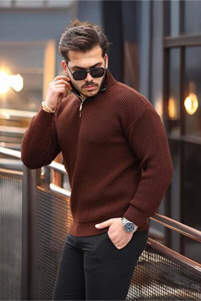 Valiberta Ανδρικό πλεκτό πουλόβερ Nolan Oversize Σελανίκη με μισό φερμουάρ - Καφέ