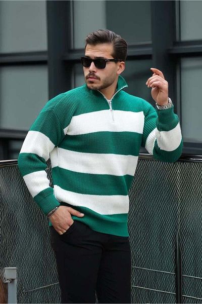 Valiberta Oversize Striped Thessaloniki Knitted Half Zipper Knitwear Men's Sweater - Green
