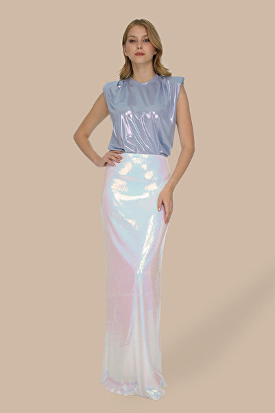 Elif Naz Moda Evi hologram beyaz payetli uzun çan etek