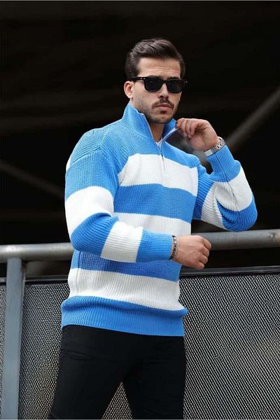 Valiberta Oversize Striped Thessaloniki Knitted Half Zipper Knitwear Men's Sweater - Blue