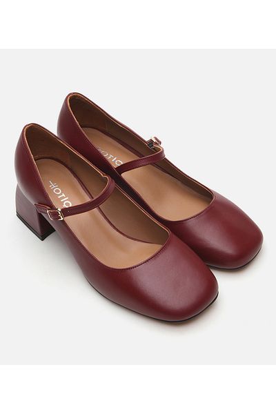 Hotiç Pantofi Mary Jane din piele de damă, roșu Claret, cu toc gros