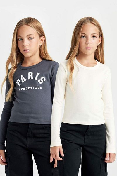 DeFacto Tricou cu mânecă lungă pentru fetiță, crop, cu decolteu, imprimat, 2 bucăți D3347A824AU