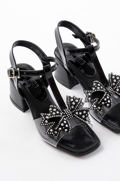 p papuccum ortopedi çocuk ayakkabıları Girl's Black Pole Bow Heeled Evening Dress Shoes