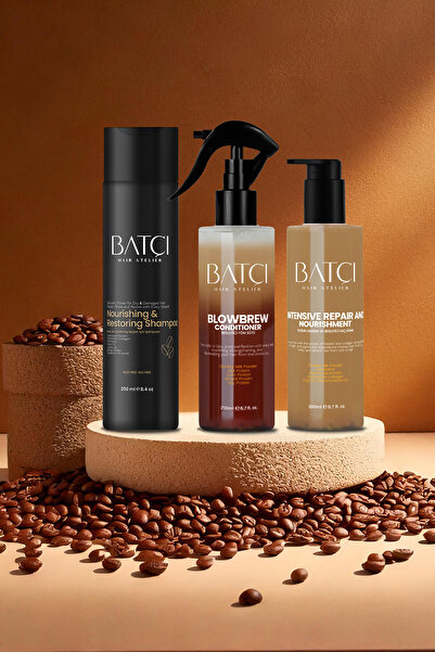 Batçı Hair Atelier مجموعة سلسلة القهوة: شامبو، كريم عناية بالشعر، وحليب تجفيف الشعر للشعر الجاف والتالف