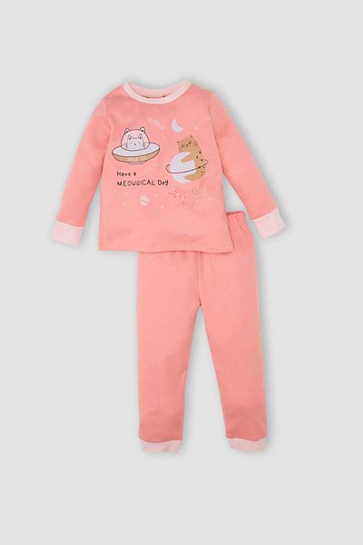 DeFacto Set pijamale fetiță cu decolteu tip guler imprimat cu mâneci lungi Top cu talie elastică D3441A524AU
