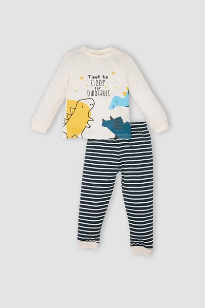 DeFacto Set pijamale pentru bebeluși, cu decolteu, cu imprimeu de dinozaur, cu mâneci lungi, cu fundul în dungi D3436A524WN