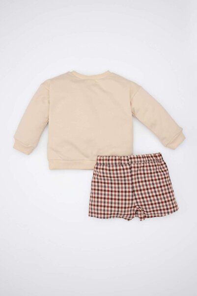 DeFacto Kız Bebek 3'lü Takım Baskılı Sweatshirt Beli Lastikli Kareli Etek Çorap D5545A524WN