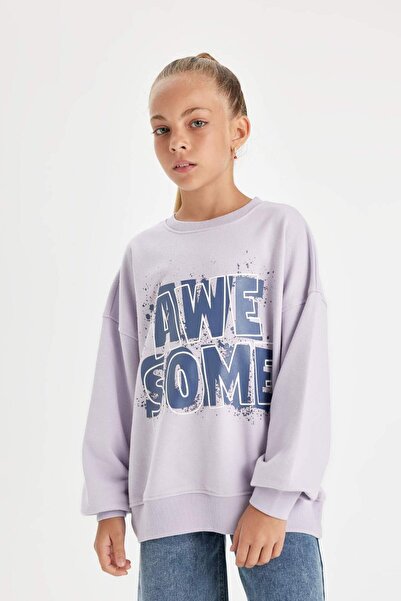 DeFacto Kız Çocuk Oversize Geniş Kalıp Bisiklet Yaka Baskılı Sweatshirt D2880A824WN