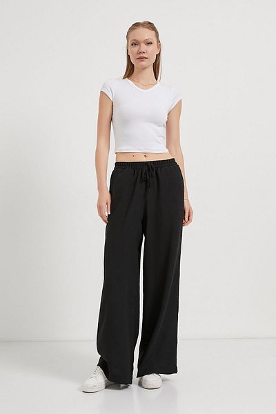 Arma Life Pantaloni largi negri din bumbac cu talie elastică pentru femei