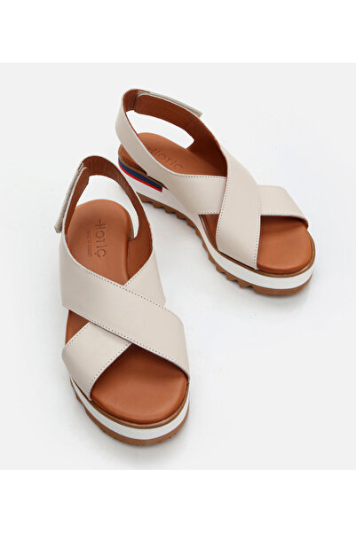 Hotiç Women's Flat Sandals - Genuine Leather and Bone Color