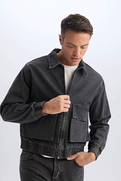 DeFacto %100 Pamuk Relax Fit Polo Yaka Fermuarlı Cepli Yıkamalı Denim Ceket D5092AX24AU