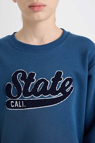 DeFacto Erkek Çocuk Lacivert Bisiklet Yaka Nakışlı Sweatshirt D3053A824WN