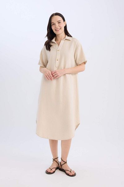 DeFacto Regular Fit Button Polo Neck Basic Plain Muslin Short Sleeve Midi Dress D5363Ax24Au