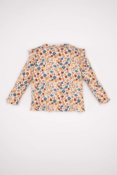 DeFacto Dívčí dívka s výstřihem květinová žebrovaná košilka s dlouhým rukávem D6679A524Wn
