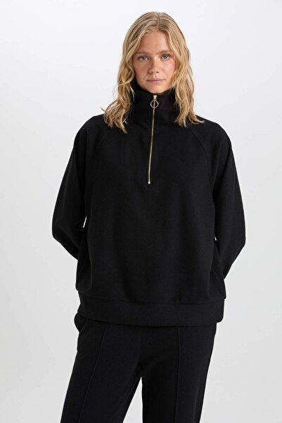 DeFacto Regular Fit Half Zipper Stand Collar Basic Plain Sweatshirt D9009Ax24Wn