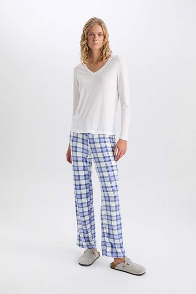DeFacto Set pijamale cu decolteu în V cu mâneci lungi Basic Solid Top în carouri Talie elastică Partea de jos-Fall in Love C5438AX24AU