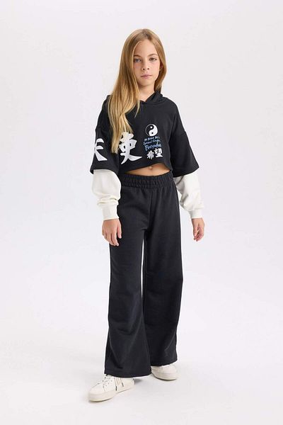 DeFacto Set de 2 bucăți pentru fete, hanorac imprimat cu decolteu, pantaloni de sport pentru jogger cu talie elastică D4066A824WN