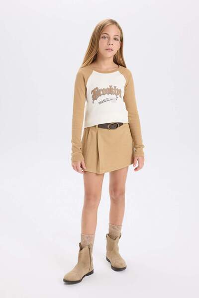 DeFacto Κοριτσίστικο μπλουζάκι με μακρυμάνικο μπλουζάκι με στάμπα με λαιμόκοψη D3864A824AU