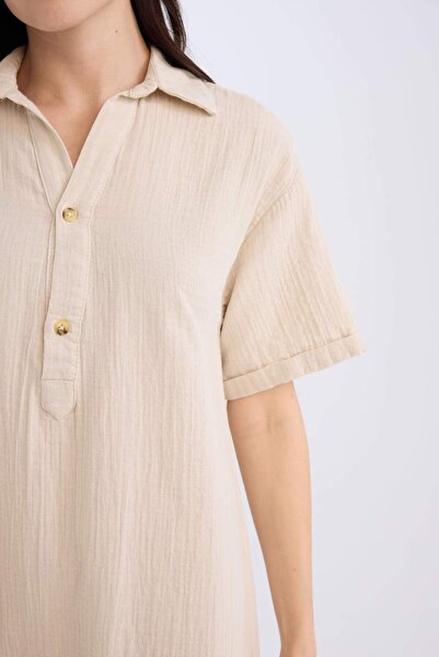 DeFacto Regular Fit Düğmeli Polo Yaka Basic Düz Müslin Kısa Kollu Midi Elbise D5363AX24AU