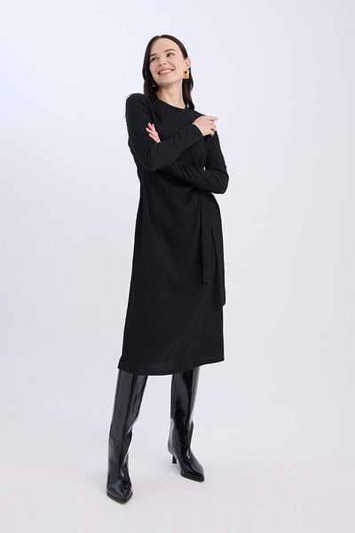 DeFacto Rochie maxi neagră cu mânecă lungă, cu talie simplă, cu șireturi, D6553AX24WN