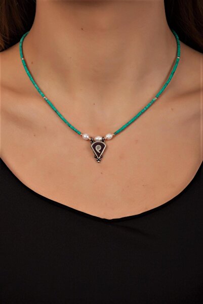 Sümer Telkari Doğal Taşlı Mozaik İşlemeli Tasarım Gümüş Kolye 6733