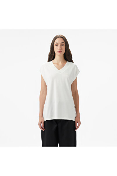 Lacoste Kadın Slim Fit V Yaka Beyaz T-Shirt