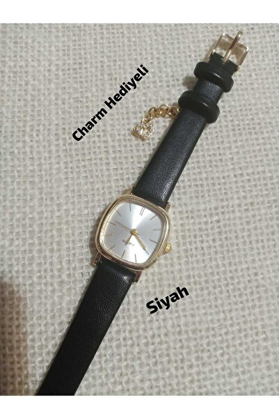 QUARTZ ساعة يد نسائية بتصميم كلاسيكي بسيط مع سوار أسود وعلبة ذهبية bb0021