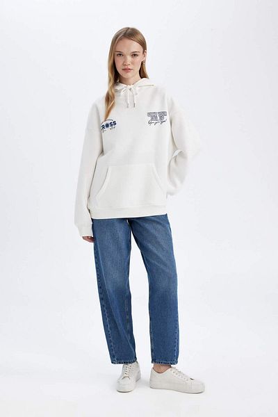DeFacto White Oversize Hooded Sweatshirt - Thick, Back Print D6878Ax24Wn