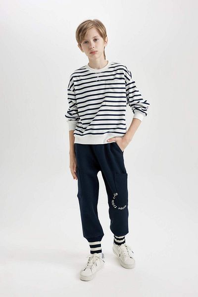 DeFacto Pantaloni de sport cu imprimeu pentru băiat, albastru bleumarin, cu talie elastică D1914A824WN