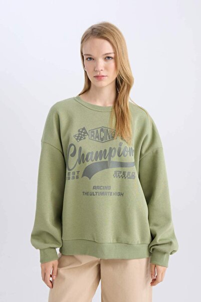 DeFacto Coool Oversize Geniş Kalıp Bisiklet Yaka Baskılı Kalın Sweatshirt D5384AX24AU